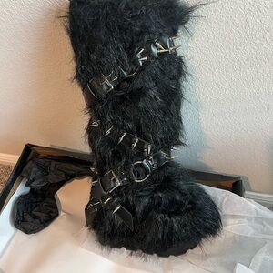 Dolls Kill Black Faux Fur Punk Buckle Knee Boots